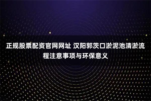 正规股票配资官网网址 汉阳郭茨口淤泥池清淤流程注意事项与环保意义